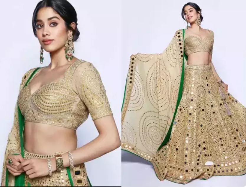 The gorgeous star made a case for a traditional gold lehenga featuring chunky mirror-work. She styled this flared lehenga with a choli-cut blouse with a green and gold dupatta.
